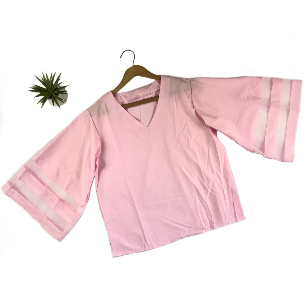 New Pink Chiffon Stripe Bell Sleeve Blouse